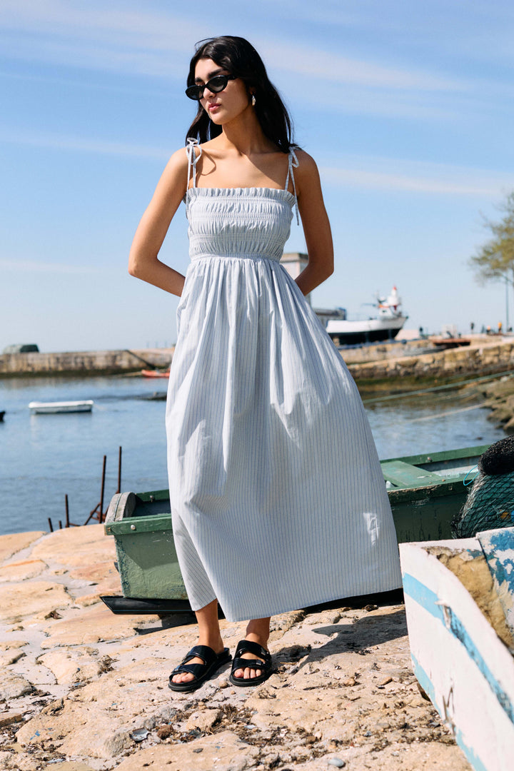 Loe Shirred Bodice Dress | Blue Stripe Life of ease London Loe Shirred Bodice Dress | Blue Stripe Life of ease London